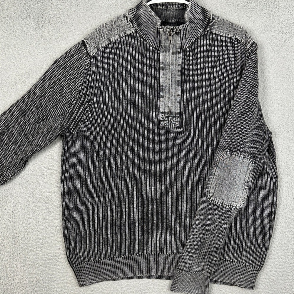 32 Bar Blues Sweater Mens Large Quarter Zip Grey Knit Ribbed Elbow Patch EUC